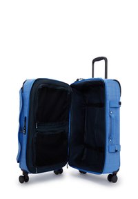 Blue suitcase with a soft shell, zippered compartments, interior mesh pockets, and black accents. Features a retractable handle and wheels.