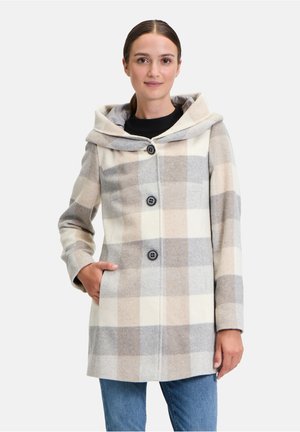 Checkered wool coat in beige, gray, and cream with a hood, five buttons, and side pockets. Soft texture, mid-length design.