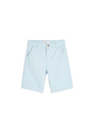 Light blue children's shorts made of cotton, featuring a button closure, belt loops, and two front pockets. Flat front and straight legs.