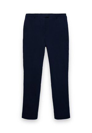 Pantaloni blu navy realizzati in tessuto liscio, con design a gamba dritta, passanti per cintura e tasche laterali. Nessun motivo o decorazione visibile.