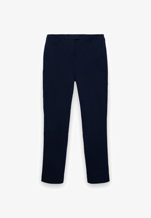 Pantaloni blu navy realizzati in tessuto liscio, con design a gamba dritta, passanti per cintura e tasche laterali. Nessun motivo o decorazione visibile.
