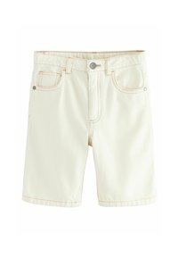 Shorts in denim beige con taglio classico, dotati di cinque tasche, hardware in rame e cuciture arancioni a contrasto.