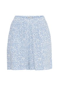 Blå blommiga shorts med en mjuk textur, som har en avslappnad passform, elastisk midja och ett vitt blommönster spritt över tyget.