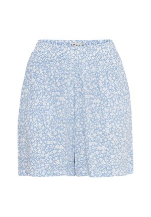 Blauwe bloemenkorte broek met een zachte textuur, voorzien van een ontspannen pasvorm, een elastieken tailleband en een wit bloemenpatroon dat over de stof verspreid is.
