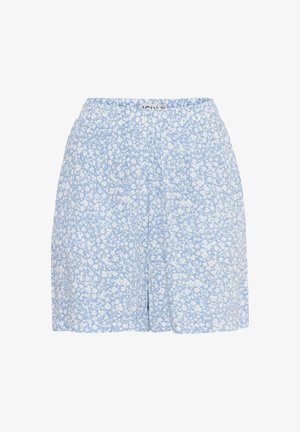 Shorts bleus à motifs floraux avec une texture douce, présentant une coupe décontractée, une taille élastique et un motif de fleurs blanches dispersé sur le tissu.