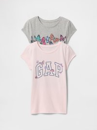 Two t-shirts: top is gray with colorful butterfly prints; bottom is pink with "GAP" in blue, featuring floral accents and rainbow details.