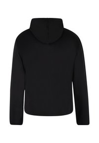 Sort cropped hoodie med en glat tekstur, lange ærmer og hætte med snoretræk. Har flade sømme og ingen synlige logoer eller detaljer.