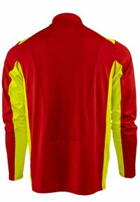 Langärmliges Jersey mit rotem Oberteil und gelben, strukturierten Seitenpanelen; hoher Kragen; flexibler Stoff für aktive Kleidung.