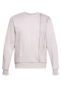 Sudadera rosa claro de mangas largas, con cuello redondo, bolsillo lateral y un diseño de línea negra vertical en un lado. Material de mezcla de algodón.