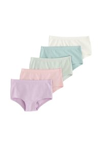 Fem par bomullsunderkläder i mjuka pastellfärger: lila, rosa, mintgrön, ljusblå och vit. Varje par har en enkel, sömlös design.