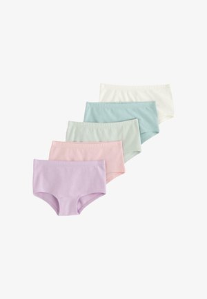 Fem par bomullsunderkläder i mjuka pastellfärger: lila, rosa, mintgrön, ljusblå och vit. Varje par har en enkel, sömlös design.
