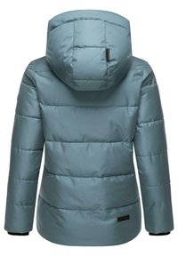 Gevoerde winterjas in teal, met een capuchon, horizontaal gestikte ontwerpen, elastische boorden en een klein logopatch op de onderrug.