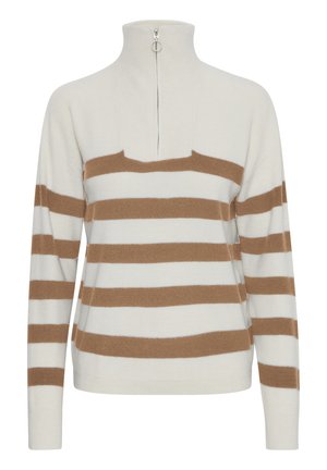 Sudadera de punto con cuello alto y media cremallera. Presenta franjas horizontales en beige y crema, textura de punto y mangas largas.