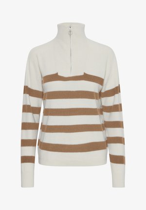 Sudadera de punto con cuello alto y media cremallera. Presenta franjas horizontales en beige y crema, textura de punto y mangas largas.