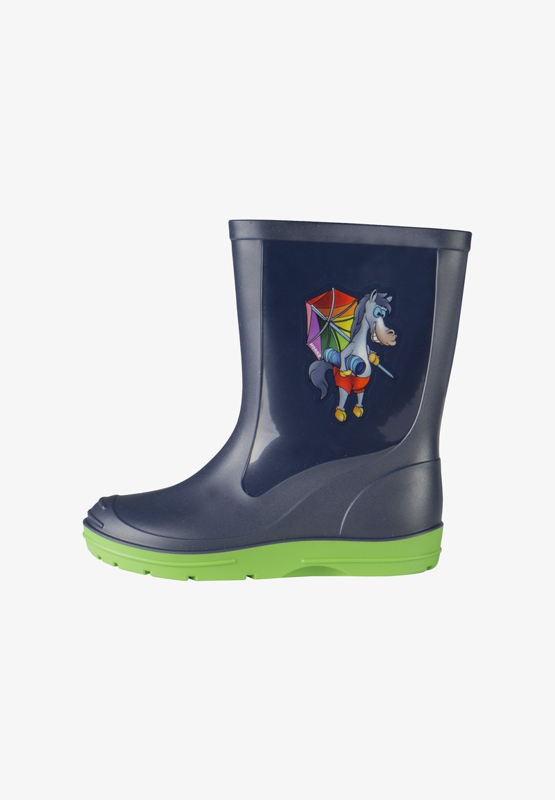 Stivale di gomma blu navy con suola verde; presenta un cavallo dei cartoni animati colorato che tiene un ombrello arcobaleno sul lato esterno.
