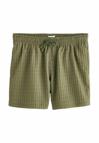 Olivgrüne Badehose aus strukturiertem Material. Verfügt über einen elastischen Bund mit Kordelzug und seitlichen Taschen.