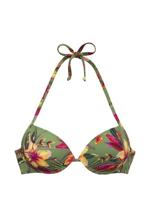 Green halter bikini top with vibrant yellow, red, and purple floral print, tied in a bow at the neck.