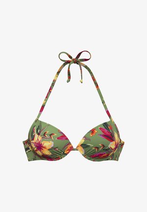 Green halter bikini top with vibrant yellow, red, and purple floral print, tied in a bow at the neck.