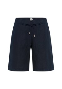 Shorts en lin bleu marine avec une taille élastiquée, un cordon de serrage et des accents métalliques aux extrémités du cordon. Jambes coupe droite.