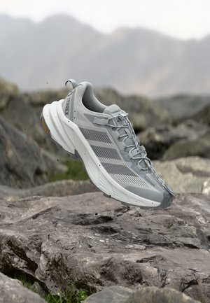 Pantof de alergare trail Adidas Terrex gri deschis, cu partea superioară din plasă, talpă amortizată și talpă exterioară robustă, suspendat deasupra terenului stâncos într-un cadru montan în aer liber.