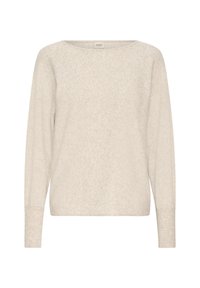 Svetlo bež pulover iz mehkega, teksturiranega blaga. Ima okrogel izrez in dolge rokave z rebrastimi manšetami. Preprost, klasičen kroj.
