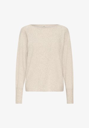 Világos bézs pulóver, puha, texturált anyagból. Kerek nyakkivágással és hosszú ujjakkal rendelkezik, bordázott mandzsettákkal. Egyszerű, klasszikus forma.