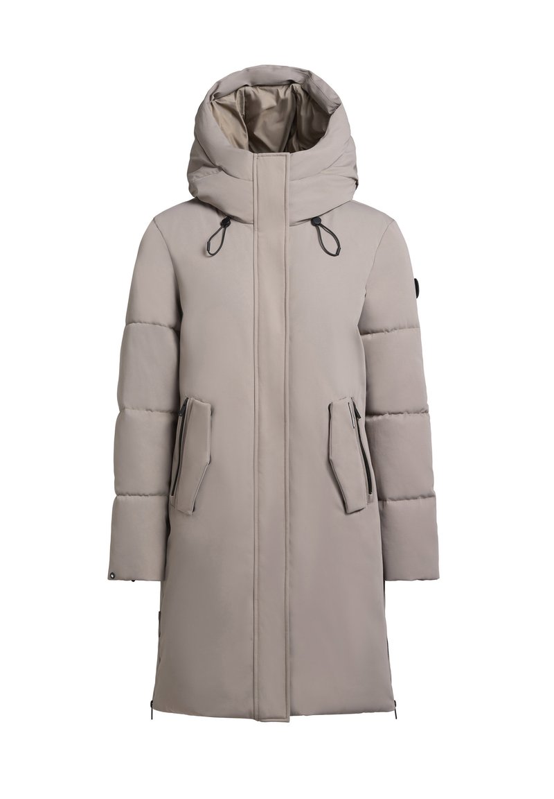 Beige gepolsterter Mantel mit hohem Kragen und Kapuze, ausgestattet mit schwarzen Kordeln, zwei Reißverschlusstaschen an den Seiten und einem geraden Saum.