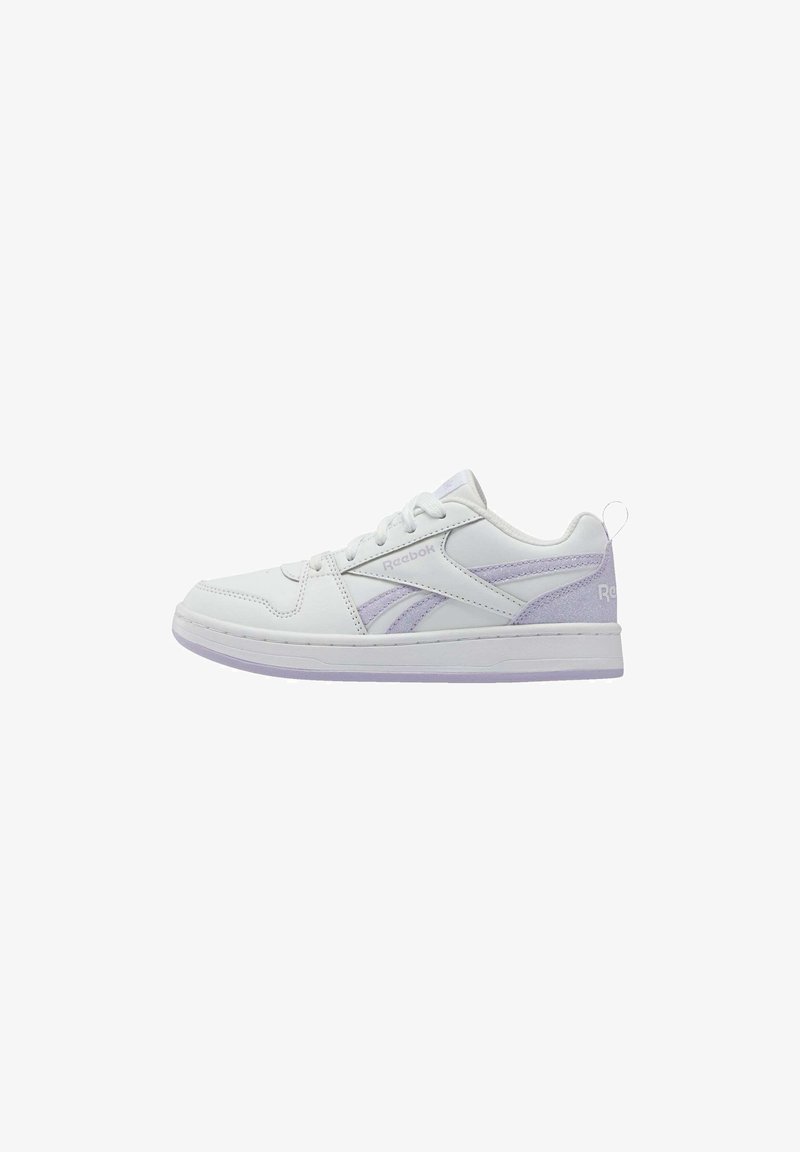 White sneakers with purple accents, made of synthetic leather, featuring a low-top design, lace-up closure, and a textured sole.