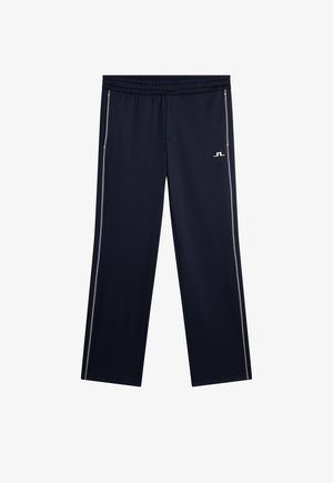 Tummansinisiä urheiluhousuja, joissa on rento istuvuus ja pehmeä kangas. Sisältää heijastavat sivuraidat ja mukautuvan vyötärönauhan mukavuutta varten.