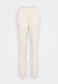 Béžové prispôsobené nohavice vyrobené z ľahkej tkaniny; slim fit s plochým predným dielom, pútkami na opasok a bočnými vreckami. Hladká textúra, bez viditeľných vzorov.