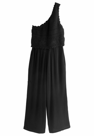 Sort one-shoulder jumpsuit med hæklet bluse og bukser med vide ben.