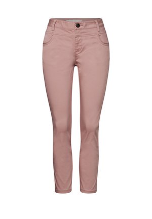 Slim-fit pink cotton pants with a smooth texture, featuring two front pockets, a button closure, and a mid-rise waistband.