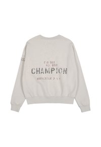 Felpa oversize grigia chiara con scollo rotondo. Testo "CHAMPION", "P.O. BOX NO. 850" e "ROCHESTER 3 NY" stampato in colori variabili.