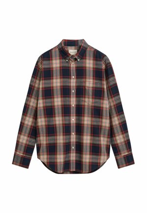 Herren Langarmhemd im Karodesign mit Marineblau-, Rot- und Grautönen. Mit Button-Down-Kragen, Brusttasche und abgerundetem Saum. Aus Baumwollstoff.