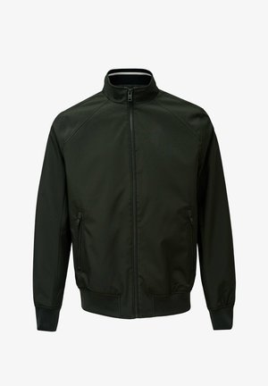 Chaqueta negra para hombre con cremallera, cuello alto, bolsillos laterales con cremallera y puños y dobladillo acanalados, mostrada sobre un fondo blanco.