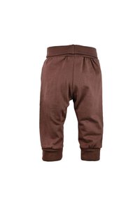 Brown cotton trousers with a tapered leg, ribbed waistband, and cuffs, featuring a soft texture and minimalistic design.