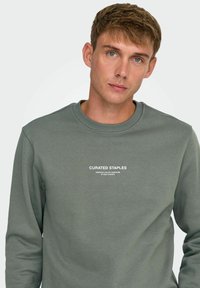 Grøn sweatshirts lavet af blødt stof, med rund halsudskæring og hvidt trykt tekst på brystet. Enkel, moderne design med lange ærmer.