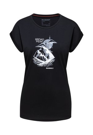 Zwarte T-shirt met korte mouwen en opgerolde manchetten, witte afbeelding van bergen, zon, wolken en tekst "BROAD PEAK" en "MAMMUT" aan de voorkant.