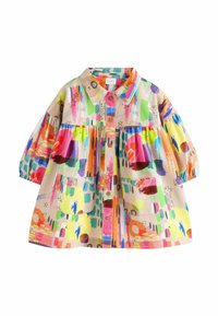 Bunt gemustertes Baumwollkleid mit Knopfleiste, Kragen und elastischen Ärmeln. Die Muster umfassen abstrakte Formen in Pink, Grün und Orange.