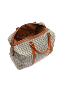 Kangaskangas duffel-laukku, jossa on geometrinen kuviot sinivalkoisena, ja ruskeat nahkahandles ja vetoketjuakcentti. Sisävuori ruskea.