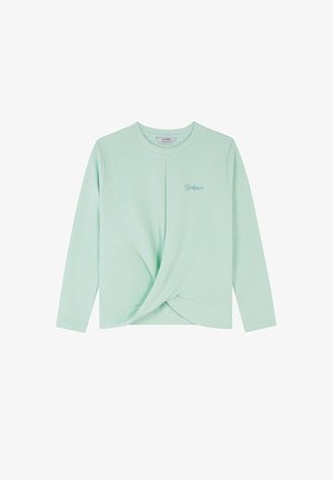 Mint green long-sleeve top made of soft fabric, featuring a twisted detail at the front and a round neckline with a stitched hem. Logo on chest.