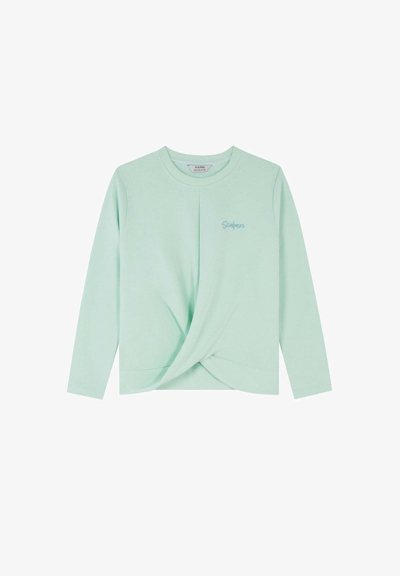 Mint green long-sleeve top made of soft fabric, featuring a twisted detail at the front and a round neckline with a stitched hem. Logo on chest.