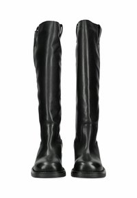 Bottes noires en cuir montantes avec une texture lisse, bout rond et languettes en haut pour un enfilage facile. Semelles en caoutchouc plates.