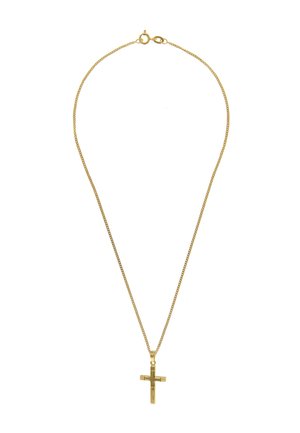 Gold chain necklace with a polished gold cross pendant and a spring ring clasp on a white background.