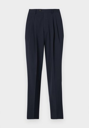Pantalon marine à taille haute, avec un devant plissé et une fermeture à un bouton. Le tissu semble lisse avec une coupe ajustée et une jambe droite.