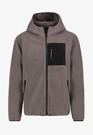 Giacca in pile grigia con zip e cappuccio, tasca sul petto nera e tasche laterali con zip e tirazip arancioni.