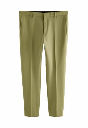 Pantalones verde oliva con un diseño ajustado, que cuentan con dos bolsillos frontales, una cremallera y una textura suave.