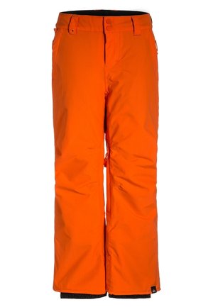 Jasnopomarańczowe ocieplane spodnie narciarskie z podwójnym zapięciem na zatrzaski w talii i przednimi kieszeniami, zaprojektowane do aktywności w zimnej pogodzie.