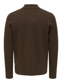 Maglione marrone a maniche lunghe in maglia con colletto piatto, caratterizzato da una texture liscia e un design a taglio dritto con spacchi laterali all'orlo.