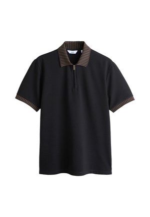 Polo nera a maniche corte con colletto e polsini marroni con motivo, con chiusura frontale con zip.